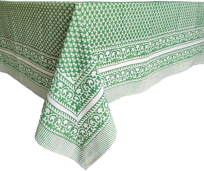 ATOSII Queen Green 100% Cotton Tablecloth, Handblock Print Rectangle Table Cover for Kitchen Dining I Tabletop Linen I Parties, Thanksgiving, Christmas, Wedding, Fall Table Cloth 60 X 108 Inches