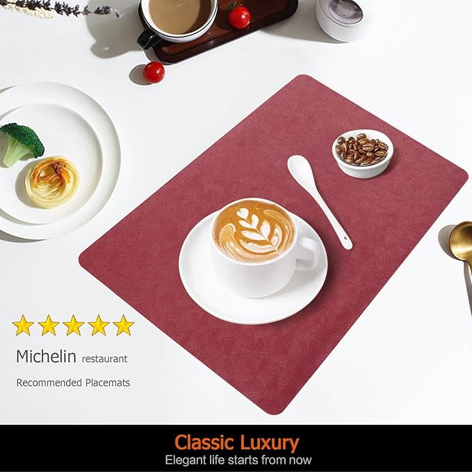 Vinyl Placemats Set of 4 Faux Leather 100% Waterproof Wipeable Washable Place Mats Heat Resistant Easy Clean Non-Slip Table Mats for Indoor Outdoor. (4,Red)