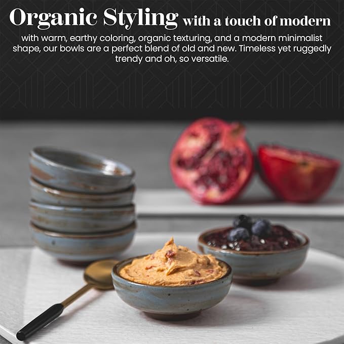 Vikko Modern Stoneware Dip Dishes, Set of 4 Mini Bowls, 3"" Dish for Dips, Charcuterie Boards, Condiments, Microwave and Dishwasher Safe, Earthtones, Light Blue/Brown Rim