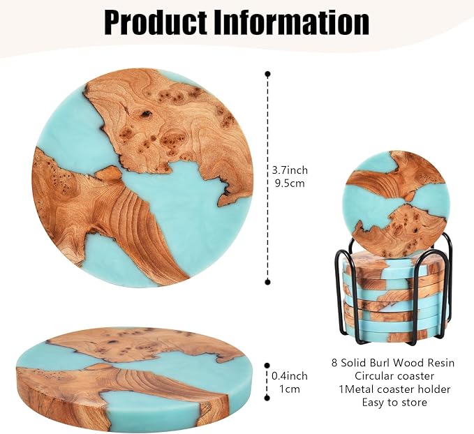 Resin Wood Coaster Set of 8 - Handmade Epoxy Coasters with Holder, Mountain Sea Design for Coffee Table Protection & Home Decor