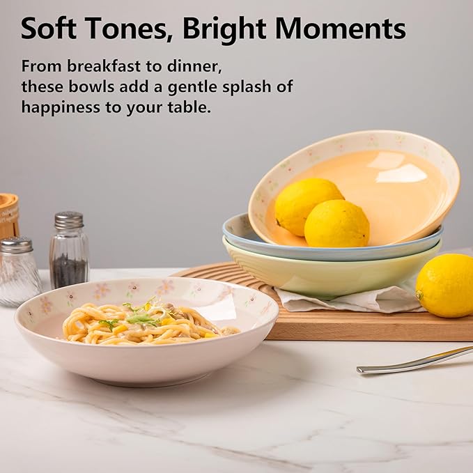 Handmade 8.4'' Ceramic Large Pasta Bowls Set of 4 – 35oz Floral Salad Bowls for Pasta, Soup, Noodles, Salad & Dinner – Microwave, Dishwasher & Oven Safe – Spring Blossom