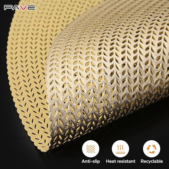 FAVE 4PCS Gold Vinyl Round Placemats, Wheat Sheaf Design 15 Inch Placemats Set of 4 Washable for Dining, Events, Banquet, Home & Daily Use (Gold Wheat,4pcs)