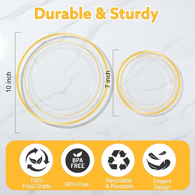 200 PCS Clear Gold Plastic Plates, Gold Rimmed Disposable Party Plates Include 100 Dinner Plate and 100 Dessert Plate Perfect for Party, Holiday, Birthday, Wedding