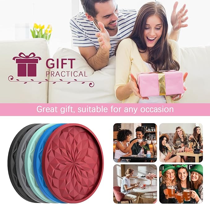 ME.FAN Silicone Coasters with Holder,[6 Pack] Drinking Coasters - Cup Mat for Hot or Cold Drinks, Thickened, Non-Slip, Non-stick,Deep Tray Light Grey