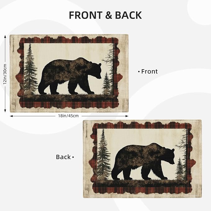 Bear Placemats Set of 6, Farmhouse Cabin Place Mats, Country Rustic Wild Animal Waterproof Washable Table Mats for Home Party Indoor Kitchen Dining Table Decoration 12x18 Inch
