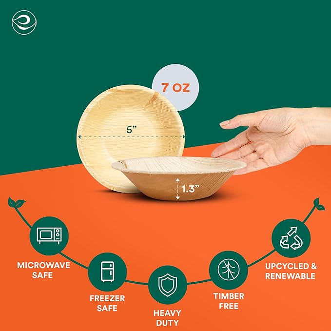 ECO SOUL Palm Leaf Bowl 400 pc, Small 5" (8 Oz) | Round Like Bamboo Bowls, Compostable, Biodegradable, Disposable Palm Leaf Bowls Eco-friendly | Sturdy, Microwave & Oven Safe