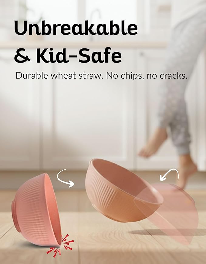 Boxiki Kitchen Wheat Straw Bowl Set – 8-Piece | Unbreakable Lightweight Cereal, Salad & Soup Bowls | Eco-Friendly BPA-Free Dinnerware | Microwave & Dishwasher Safe, Stackable