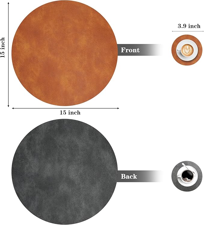 Round Placemats and Coasters Set of 4, Washable Reversible Faux Leather Placemats Cowhide Pattern Place Mats Wipeable Non-Slip 15 inch Round Kitchen Dining Table Mats (Gray Brown, 4)