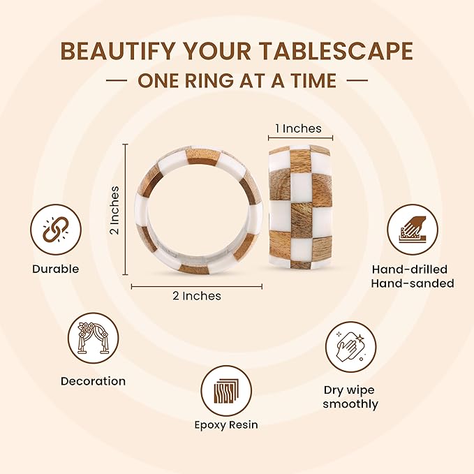 ALPHA Living HOME Rustic Napkin Rings Setof 12 - Handmade Epoxy & Wood Napkin Holders for Table Decor, Wedding, Easter, Thanksgiving, Party & Dining – Modern Farmhouse Accessories (Brown Cream)