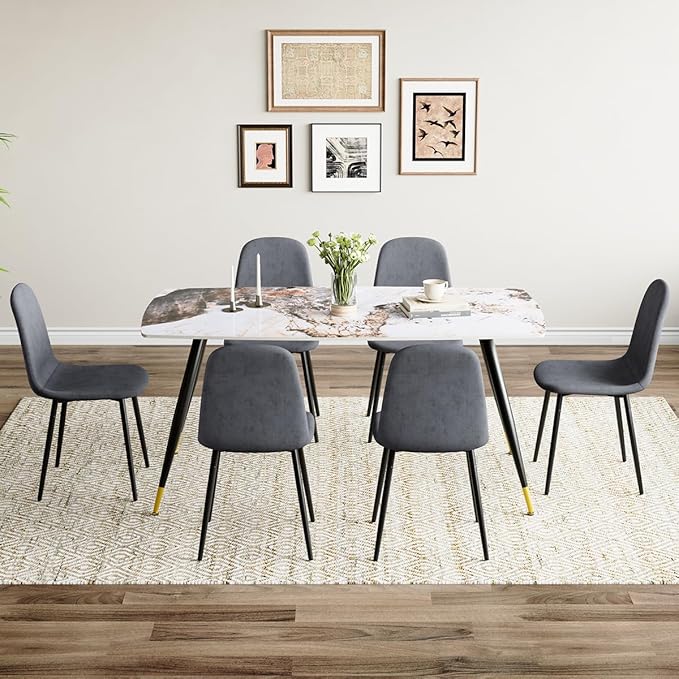 7 Piece Dining Table Set, Dinner Table Set for 6, Sintered Stone Kitchen Table Top and Modern Chairs Set of 6 for Kitchen Dining Room