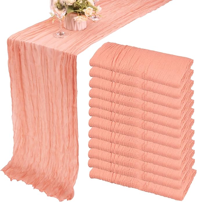 12 Pack 13Ft Cheesecloth Table Runner 35x157 Inch Boho Gauze Table Runner Cheese Cloth Long Table Runners Rustic Table Runners for Wedding Bridal Shower Birthday Party Table Decor (Peach Coral)