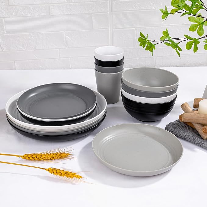 LIYH 16 Pcs Plastic Wheat Straw Dinnerware Sets for 4 - Plates and Bowls Sets Reusable Tableware Dish Set for 4 Include Wheat Straw Plates Bowls Cups Microwave Dishwasher Safe