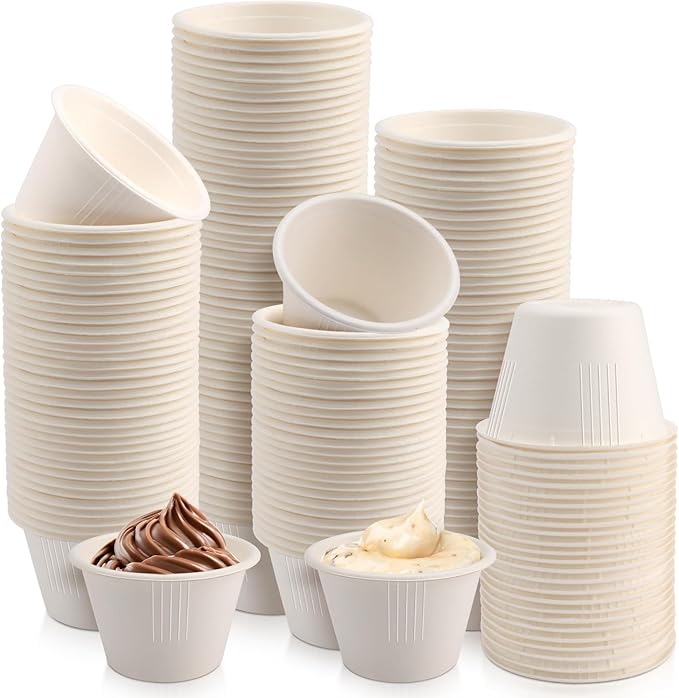 LeonBach 150 Pack 4oz Natural Bagasse Fiber Sauce Cups, Compostable Small Disposable Paper Dipping Bowls Biodegradable Condiment Portion Sample Snack Charcuterie Serving Tasting Cups, White