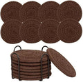 8 Pcs Drink Coasters with Holder, Handwoven Cotton Coasters Set Stackable Absorbent Minimalist Home Decor for Table, Cup, Mug (Dark Brown)
