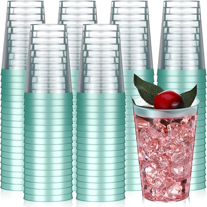 Patelai 100 Pcs Teal Blue Plastic Cups 12 oz Teal Blue Rimmed Plastic Cups Heavy Duty Disposable Wine Glasses Clear Cocktail Glasses Drinking Tumblers for Party Wedding Christmas Birthday