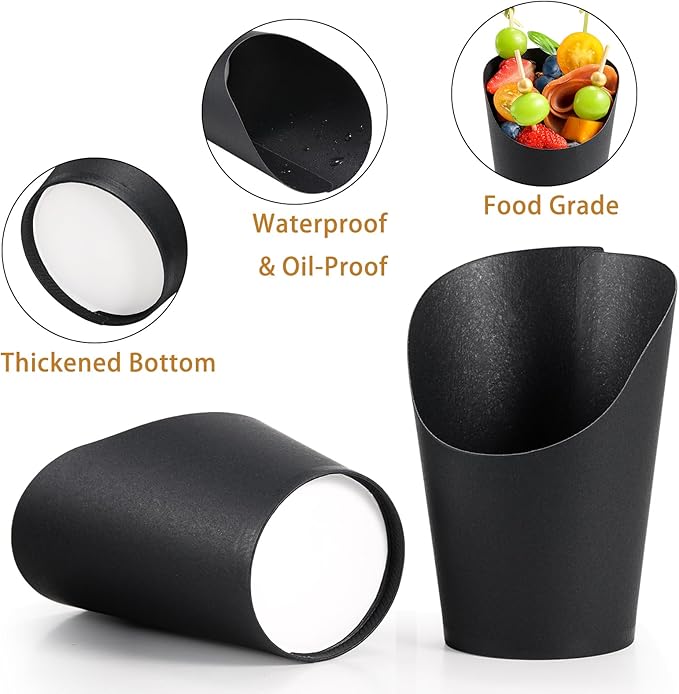 Disposable Charcuterie Cups 60 PCS with 200PCS Sticks and 60PCS Bags, 14 oz Kraft Paper Snack Boxes Appetizers Cup French Fry Holder with Cocktail Skewers Toothpicks Tooth Picks, Black