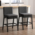 Carbon Black Bar Stools Set of 2, 27.3 Inch Counter Height Stools Upholstered Linen Armless Bar Chairs with Woven Rope Backrest Wooden Legs for Kitchen Island Dining Room