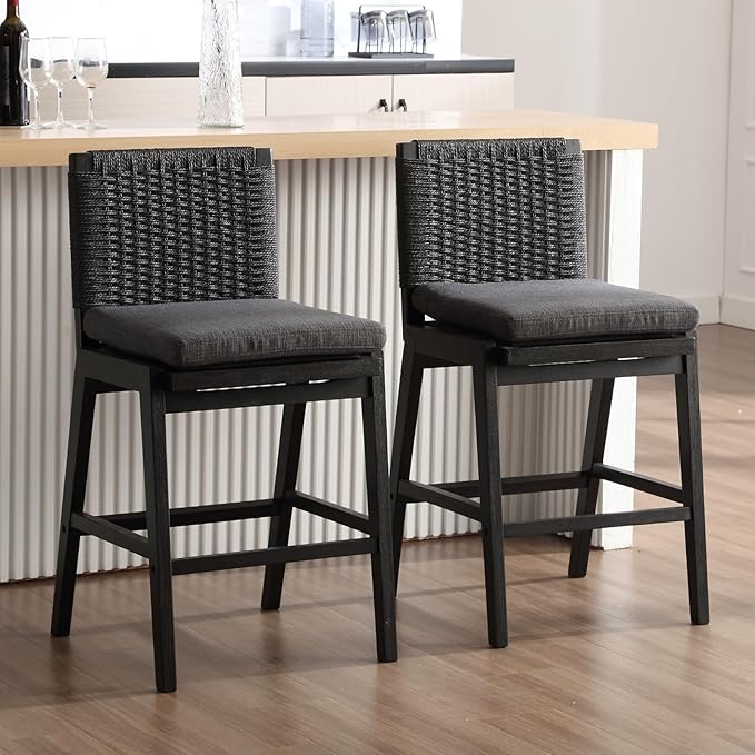 Carbon Black Bar Stools Set of 2, 27.3 Inch Counter Height Stools Upholstered Linen Armless Bar Chairs with Woven Rope Backrest Wooden Legs for Kitchen Island Dining Room