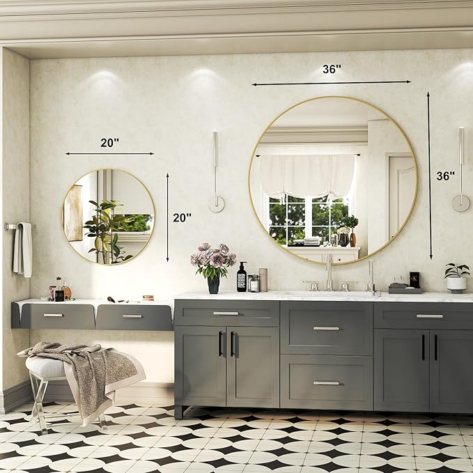 36 Inch Round Bathroom Mirror - Gold Wall Mounted Circle Mirror with Metal Frame, Modern Round Hanging Mirror Suitable for Bathroom, Vanity, Entryway, Living Room