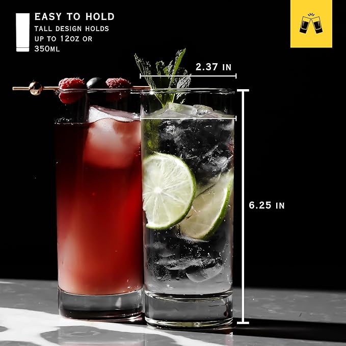 LEMONSODA Premium Highball Glass Set - Elegant Tom Collins Glasses Set of 6-12oz Tall Drinking Water Glasses - Bar Glassware for Mojito, Whiskey, Cocktail