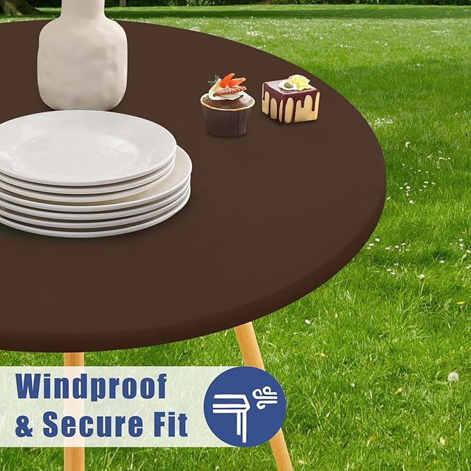 Round Spandex Tablecloth 2 Pack, Elastic Fitted Waterproof Tablecloths for 45"-56" Tables, Stretch Washable Picnic Table Cover for Camping, Dining, Indoor and Outdoor, Coffee
