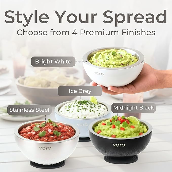 Vora 18oz Dip Chiller Bowl | 2 Pack White Stainless Steel Chilled Dip Bowl for Dips, Guacamole, Hummus, Salsa | Insulated Serving Dishes with Easiest Water Fill & Refillable Chamber