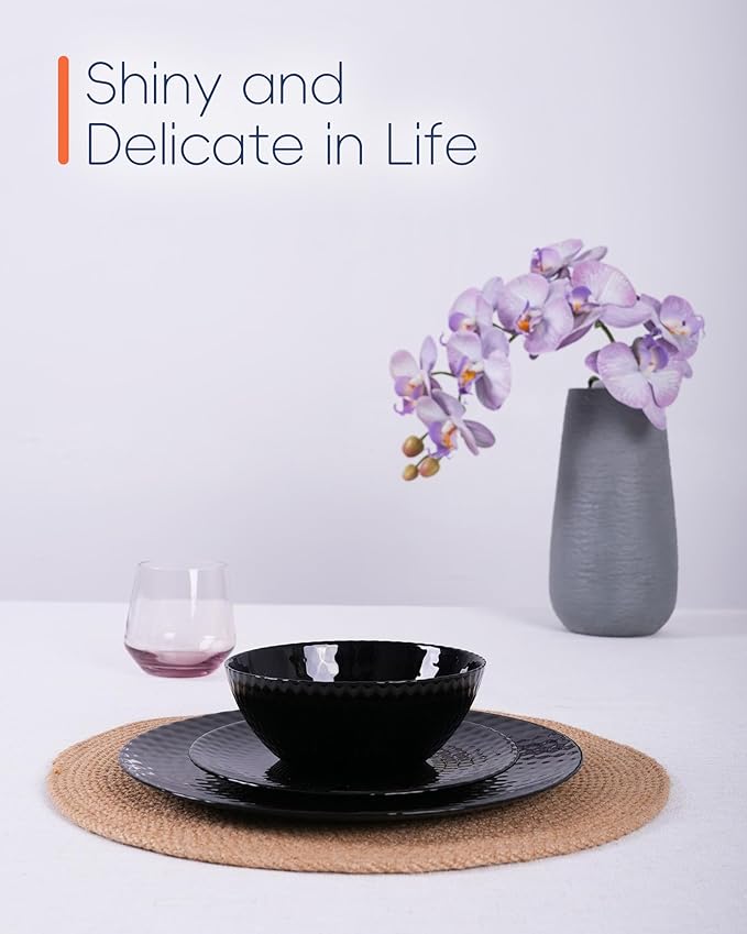 Dinnerware Sets for 4, Light & Durable 12 Pieces Opal Glass Plates and Bowls Set, Dishwasher and Microwave Safe Dish Dinning Ware, Thin but Strong Geometric Faceted Black