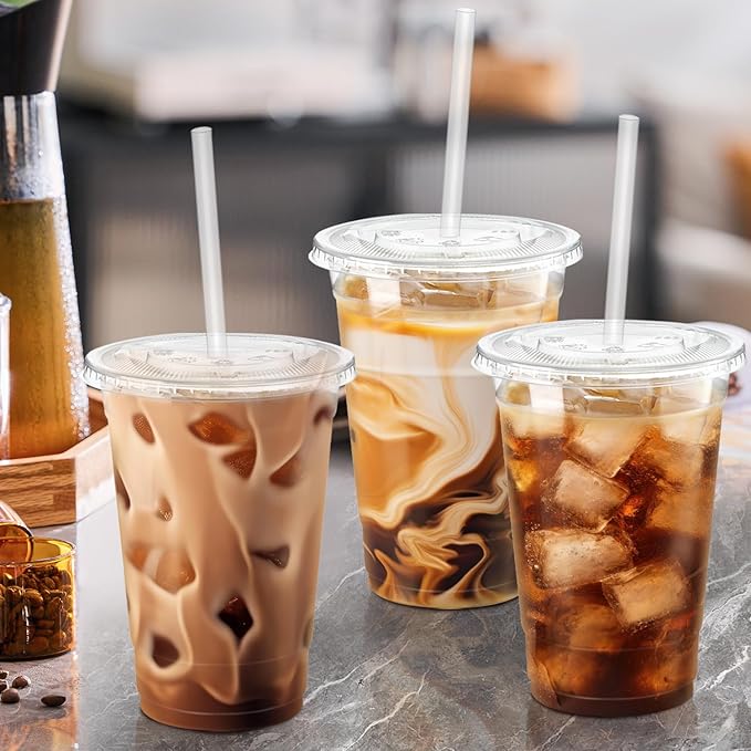 12 oz 100 Pack Plastic Cups with Lids and Straws, Sturdy Food Safe Iced Clear Coffee Cups Disposable Smoothie Cups for Cold Drinks