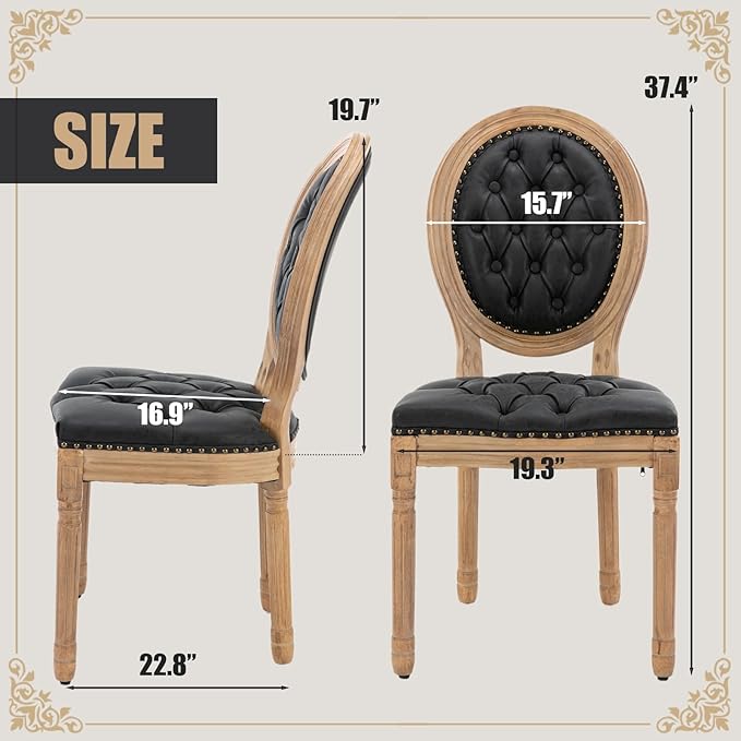 SoarFlash French Dining Chairs Set of 4, Vantage Dining Chair with Round Back, Farmhouse Country PU Leather Dining Chair for Kitchen,Bedroom,Black