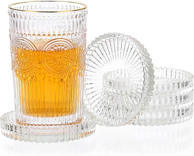 JUXYES 5 Pack Glass Coasters Round Cup Mat, Clear Glass Coaster for Drinks Coffee Tea Wine, Decorative Wine Bottle Coasters, Crystal Drink Coasters for Restaurant bar Kitchen Dining Table