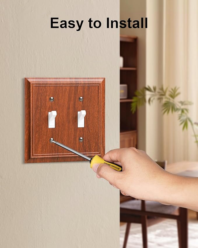 2-Pack Double Toggle Light Switch Cover Plate, Durable Natural Bamboo Fiber Decorative Switch Plate Covers, Wood Grain 2 Gang Wall Plate, Corrosion Resistant