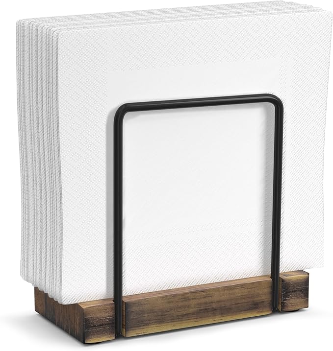 Napkin Holder for Table, Wood Iron Standing Napkin Dispenser for Dining Table Farmhouse Cocktail Picnic Rustic Wooden Holders All Kitchen Dining Room Decor Black & Farmhouse Brown