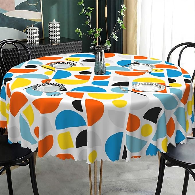 Laeacco 70 Inch Geometric Round Tablecloth Colorful Sector Circular Pattern Modern Abstract Art Print Table Cloth Washable Waterproof Wrinkle Free Table Cover for Kitchen Dining Picnic Party Decor