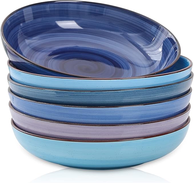 Selamica Porcelain 26 Ounce Salad Pasta Bowls, 8 inch Wide and Shallow Serving bowls, Microwave & Dishwasher Safe, Sturdy & Stackable, Set of 6, Gradient Blue