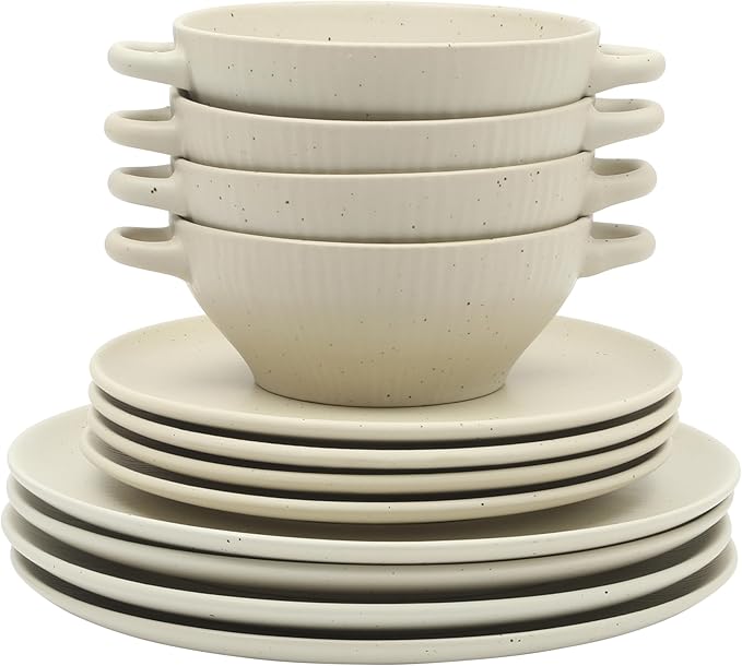 Gibson Elite Clover Hill 12-Piece Stoneware Dinnerware Set – White Cream Embossed Plates and Bowls with Matte Speckled Reactive Glaze, Service for 4 – Microwave & Dishwasher Safe