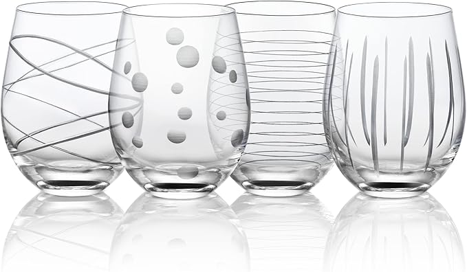Joeyan Hand Blown Etched Stemless Wine Glasses with Dots Strips Pattern for Red Wine,Large Carved Drinking Glass Cups Tumblers for Wedding Anniversary Party Home,Set of 4,17.5 oz