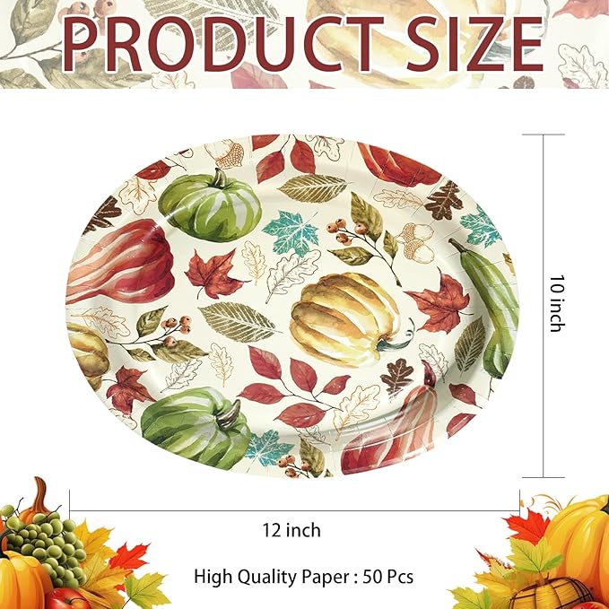 50 Pcs Fall Oval Paper Plates 10" x 12" Large Vintage Red Green Pumpkin Plates Disposable Heavy Duty Thanksgiving Platter for Fall Thanksgiving Party Decoration Holiday Harvest Festival Party Supplies