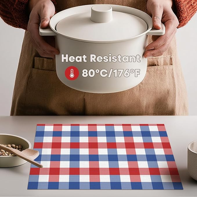 Artoid Mode Buffalo Plaid Vinyl Placemats Set of 4, 12x18 Inch Washable Non-Slip Heat Resistant Plastic Place Mats for Party Dining Table, Blue/Red