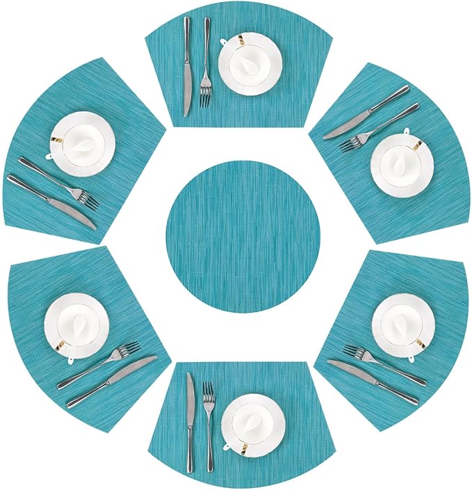 SHACOS Round Table Placemats Set of 7 Woven Vinyl Wedge Placemats with Centerpiece Heat Resistant Table Mats Wipe Clean (7, Teal Blue)