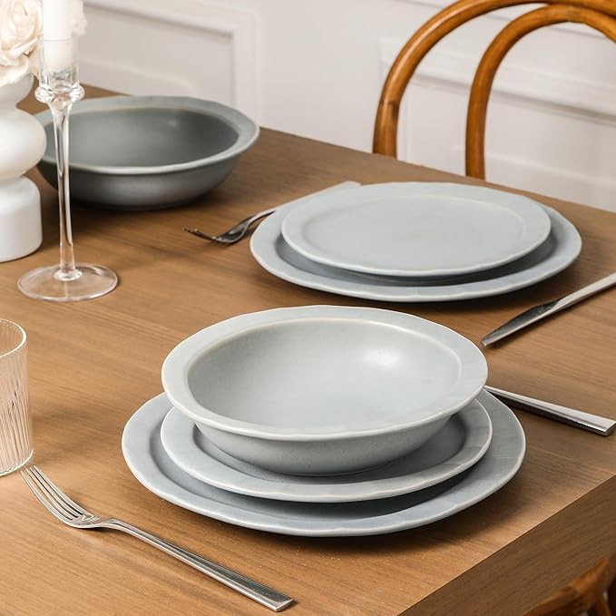 Stone Lain Oasis Stoneware 24 Piece Dinnerware Set, Home Kitchen Dish Set with Dinner Plates, Salad Plates & Bowls - Service for 8, Grey Blue