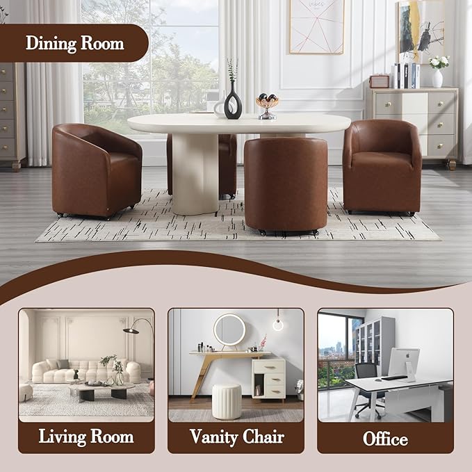 Modern Barrel Dining Chairs with Rolling Casters Set of 2, Upholstered PU Leather Swivel Dining Room Chairs with Wheels for Kitchen Living Room Home Office, Brown