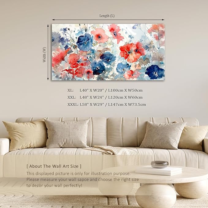 ADJUVANT Wall Art Watercolor Vibrant Floral 40"L x 20"W, Colorful Poppies With Soft Hues Canvas Painting Lively Blooms Artwork Delicate Tones Prints Wall Decor for Living Room Bedroom Bathroom Home Office