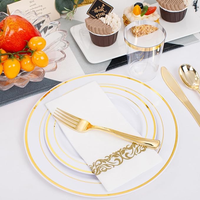 350 Pieces White and Gold Plastic Plates - 50 Guest Dinnerware Set Include 100 Plates, 50 Gold Plastic Silverware, 50 Paper Napkins and 50 Cups for Party Wedding Valentine's Day