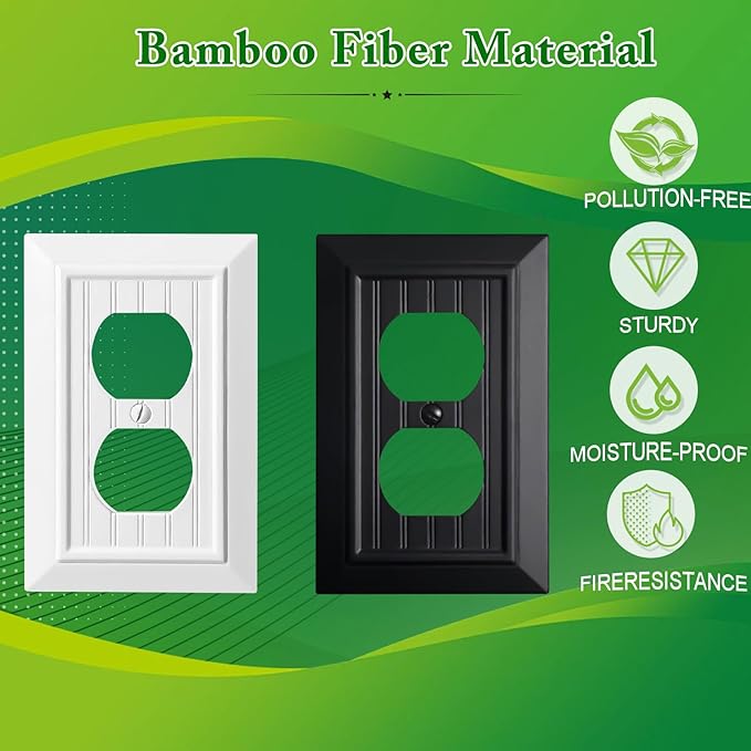Beadboard Outlet Covers Wall Plates, Bamboo Fiber Light Switch Covers, Natural Material Electric Receptacle Decorative Switch Plate Outlet Cover (Pure White, 1 Gang Duplex 4 Pack)