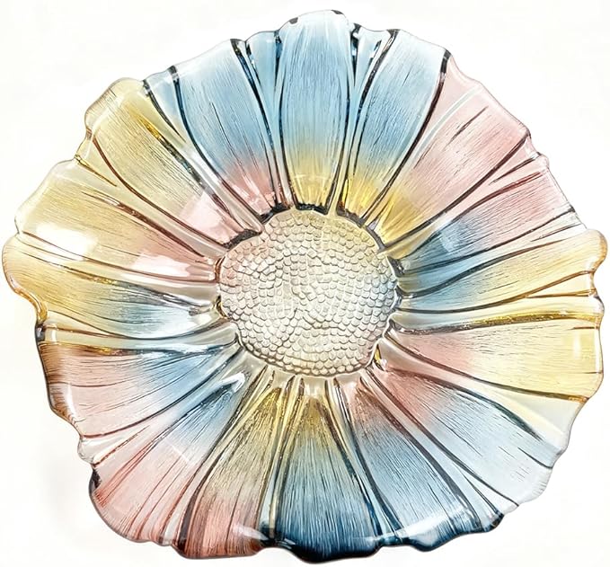 11.5-inch Crystal Glass Colorful Fruit Bowl Dessert Cake Candy Snack Plate,Art Sunflower-shaped,Large Size,Cool Design