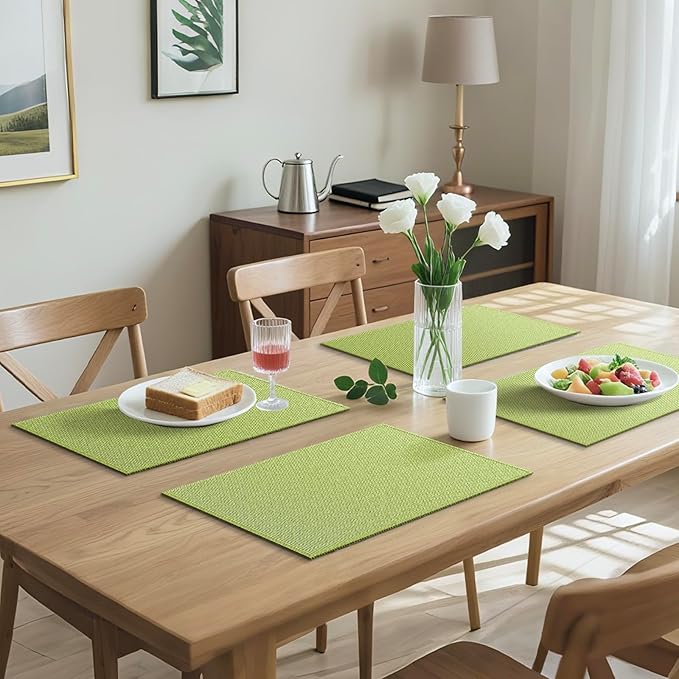 Blue Forest Placemats Set of 6, Dual-Layered Thickened Faux Linen Table Mats Heat Resistant Machine Washable Wrinkle Free Place Mats for Kitchen Dining Outdoor/Indoor (Grass Green)