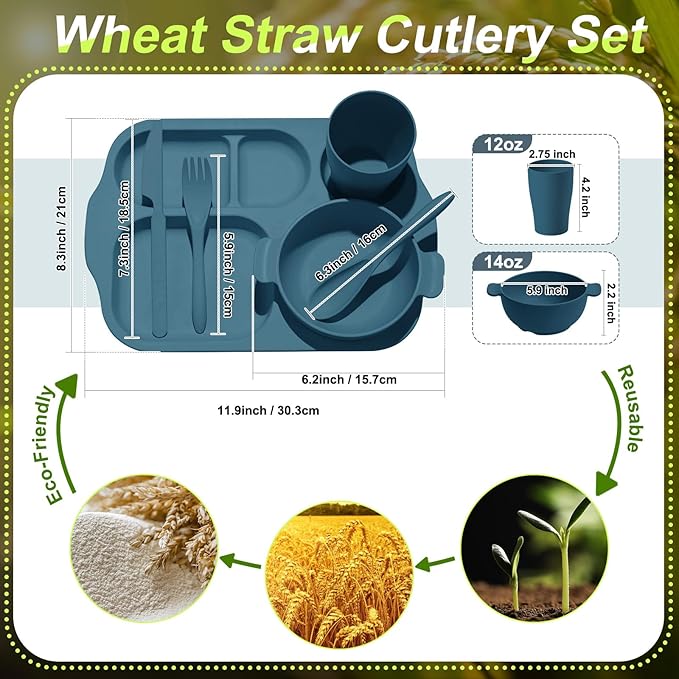 Tanlade 24 Pcs Wheat Straw Dinnerware Cutlery Sets, Divided Plates Unbreakable Bowl Microwave Dishwasher Safe Tableware Cutlery Spoon Knife Fork Cup(Dark Blue, Dark Green, Blue, Green)