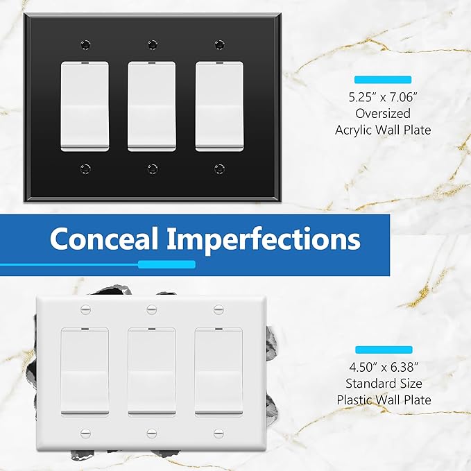 LIDER Reflective Acrylic Decorator Wall Plate, Mirrored Light Switch Plate, Plexiglass Outlet Cover, Acrylic Glass, Oversized 3-Gang 5.25" x 7.06", LWP-33O-ABK5P, Black, 5 Pack