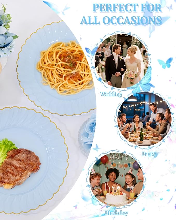 YOUBET 175PCS Clear Blue Scalloped Plastic Plates - Blue and Gold Disposable Dinnerware Set Include 50 Plates, 75 Gold Silverware, 25 Cups, 25 Napkins for Party & Wedding & Baby Shower