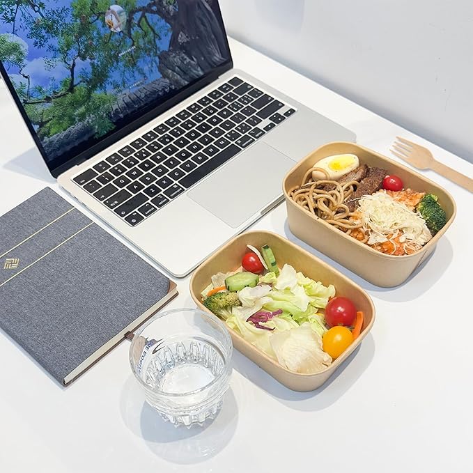 50-Pack 34oz Kraft Paper Bowls Disposable with Lids and Wooden Forks, Disposable Meal Prep Containers Paper Food Prep Containers with Lids, To Go Container for Hot Soup/Salad, Freezer & Microwave Safe